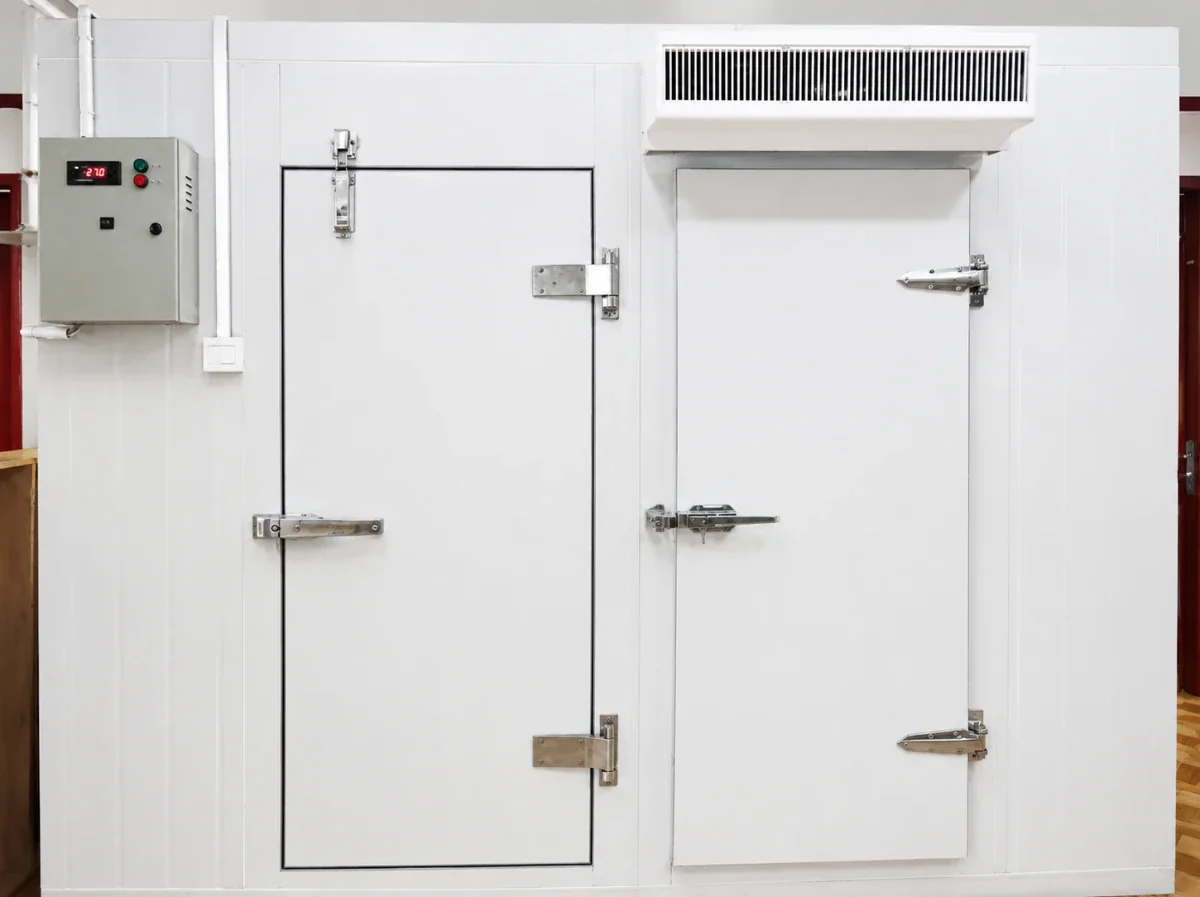 Hinged cold room doors with stainless hinges and lever locks by Vikkins